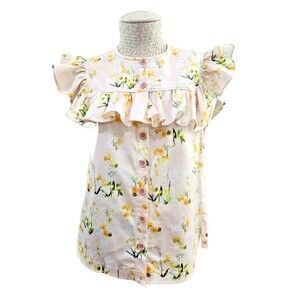 Rebecca‎ Taylor Womens 4 Cotton Ruffle Sleeve Floral Button-Down Blouse Designer